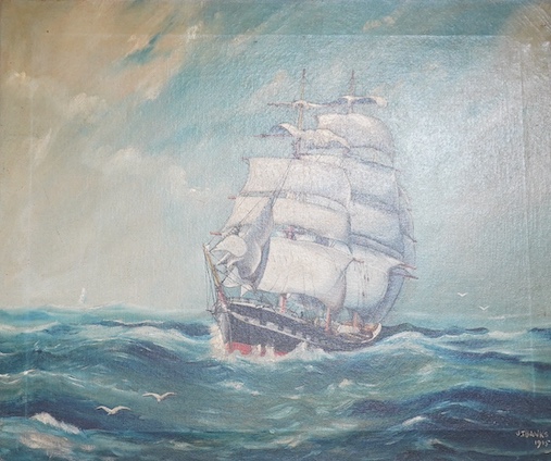 J. T. Banks (20th. C), maritime oil on canvas, Ship in full sail, signed and dated 1905, 50 x 60cm. Condition - fair, would benefit from a clean